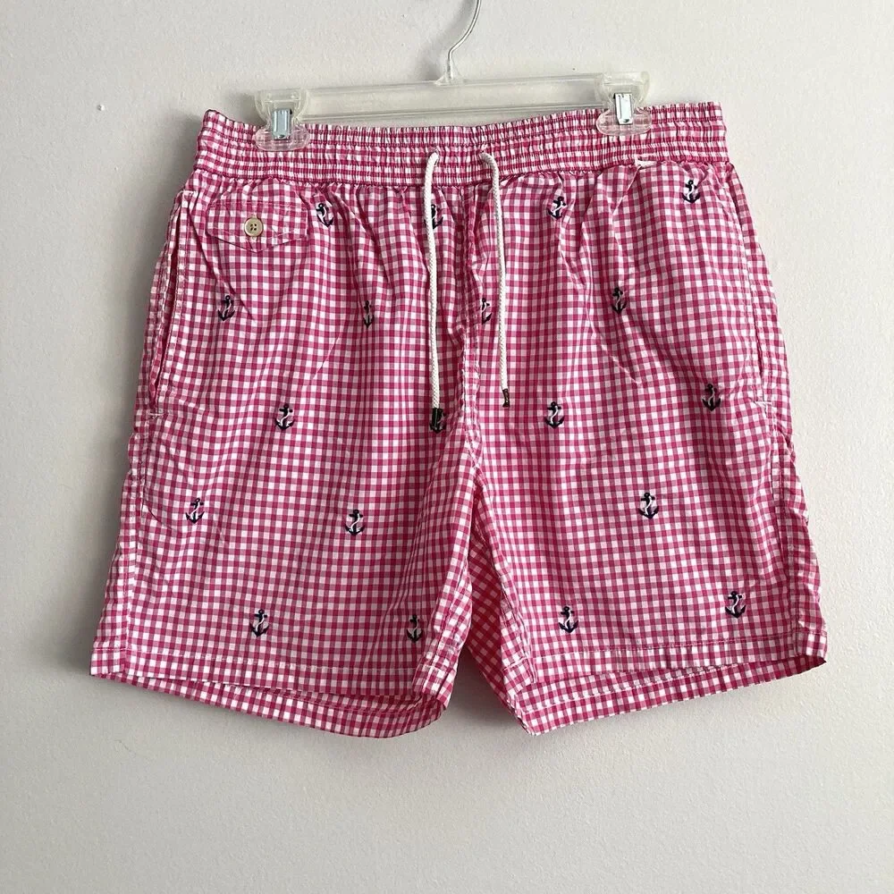 Polo Ralph Lauren Mens Pink Gingham Anchors Swim Trunks Board Shorts Large